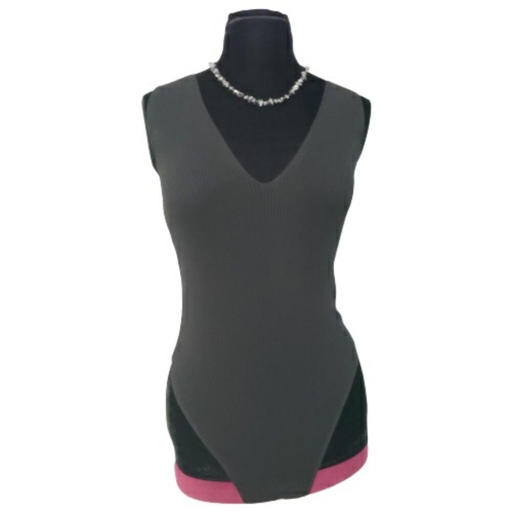 Wishlist Womens Ribbed Knit Double V-Neck Sleeveless Bodysuit Charcoal Black L